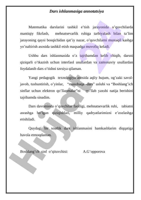 Matematika darslarini tashkil etish jarayoni