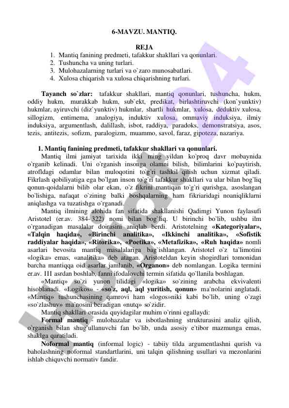 Mantiq fanining predmeti va tafakkur shakllari