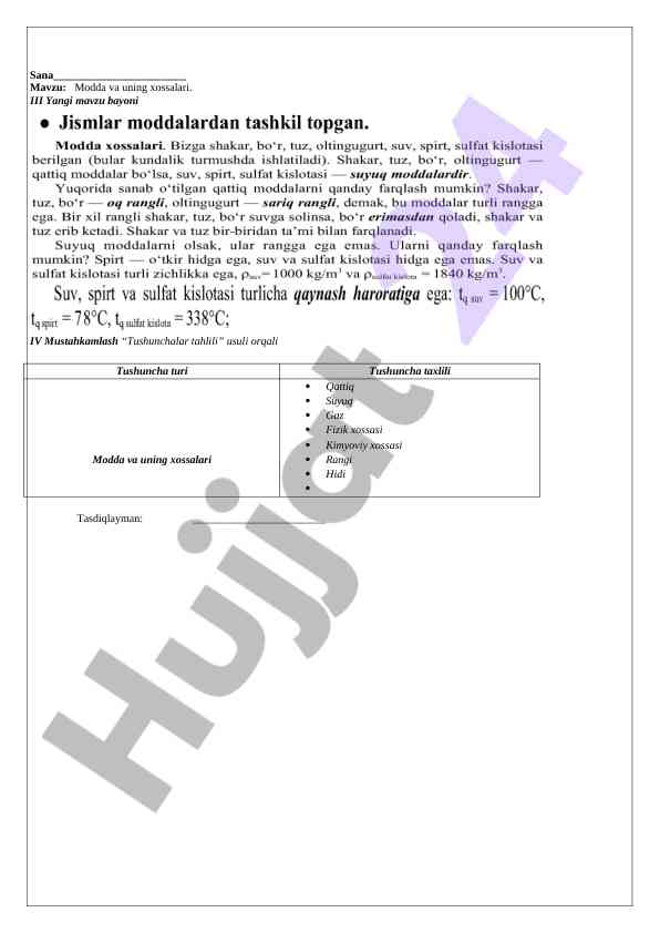 Modda va uning xossalari bo‘yicha dars ishlanmasi