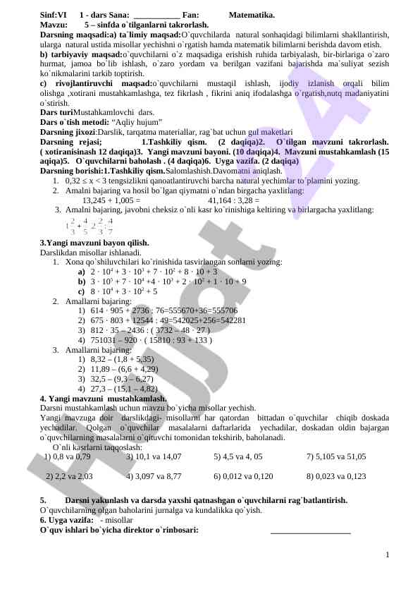 Matematika 5-sinfda o‘tilganlarni takrorlash darsi