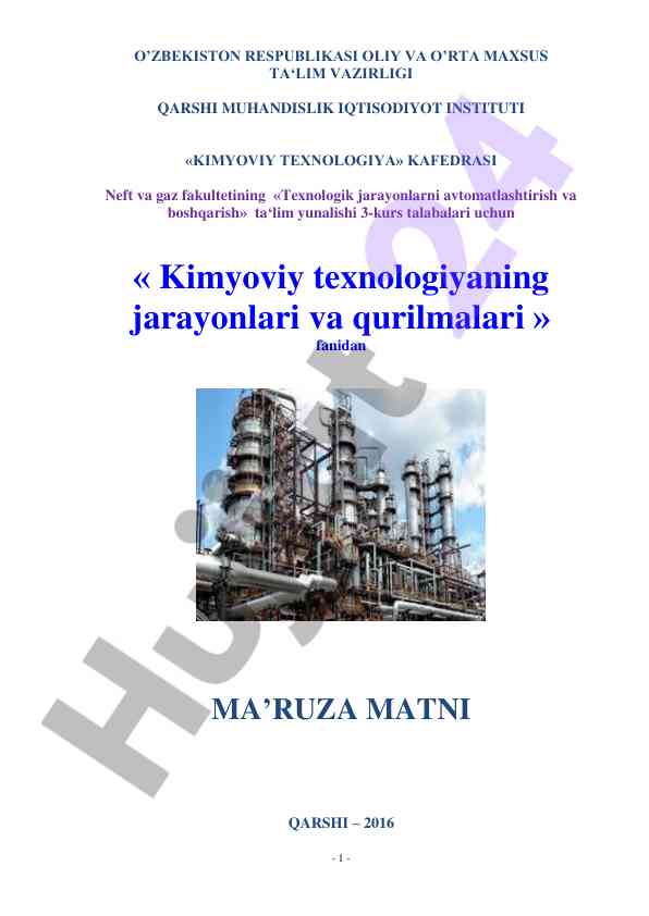 Kimyoviy texnologiyaning jarayonlari va qurilmalari