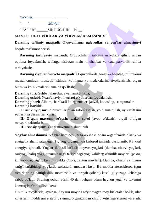 Uglevodlar va yog’lar almasinuvi dars ishlanmasi