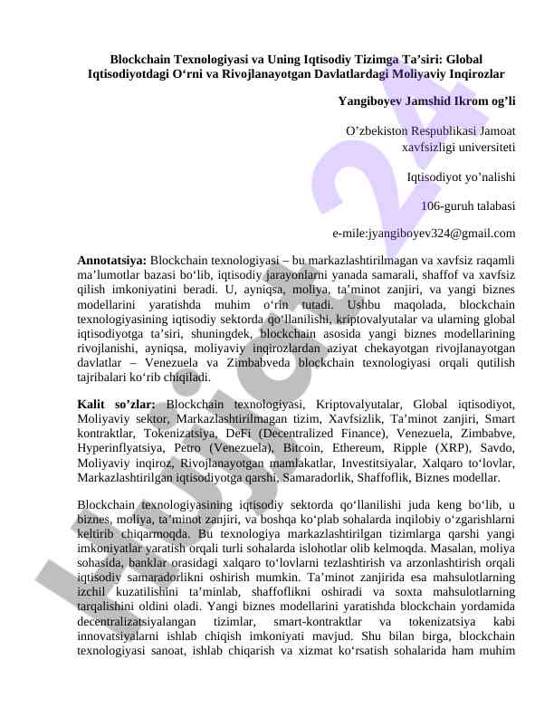 Blockchain texnologiyasi va uning iqtisodiy tizimga ta’siri