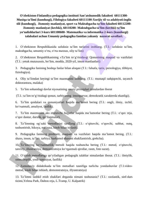 Umumiy pedagogika fanidan yakuniy nazorat savollari