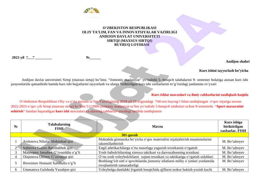 Kurs ishlari mavzulari va rahbarlari tasdiqlash juzlari
