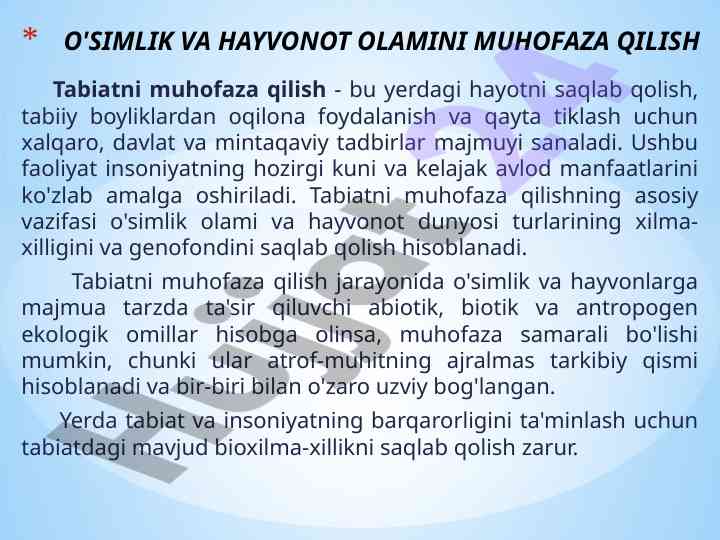 Tabiatni muhofaza qilishning ahamiyati va vazifalari