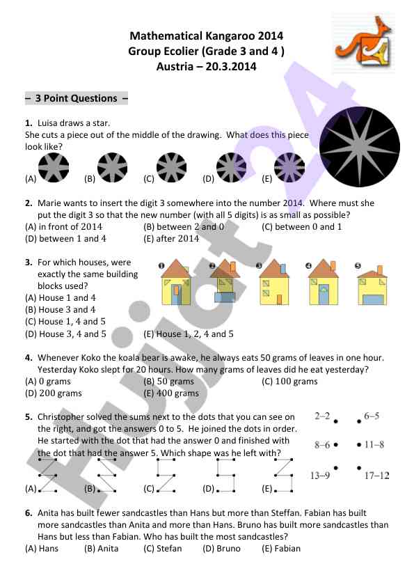Mathematical kangaroo 2014 ecolier grade 3-4 questions