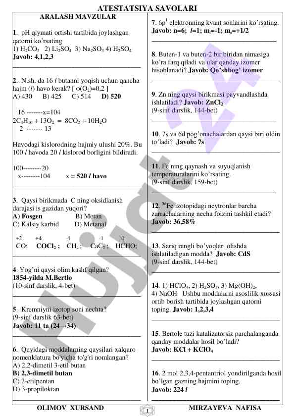 Kimyo test savollari bilan ta'minlash