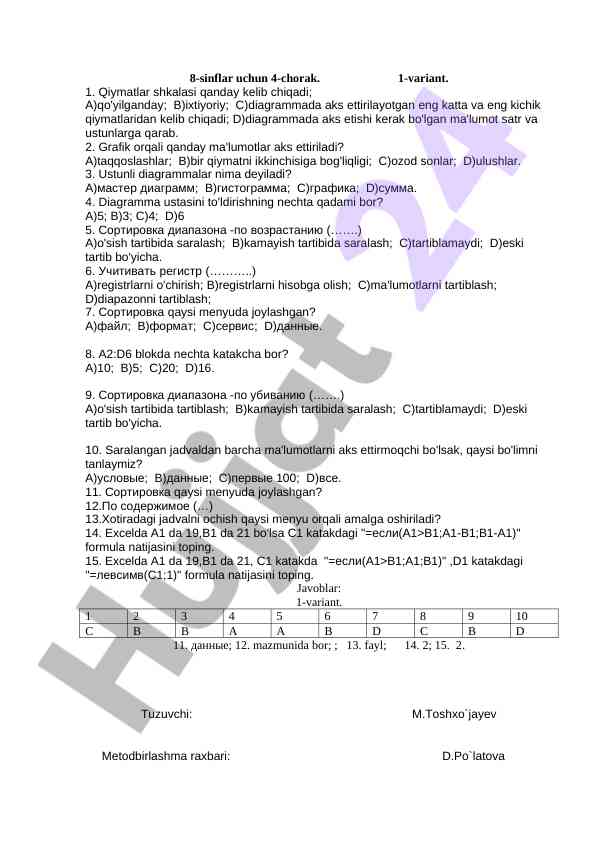 8-sinf uchun 4-chorak test misollari