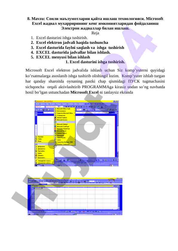 Excel dasturida ma'lumotlarni qayta ishlash texnologiyasi
