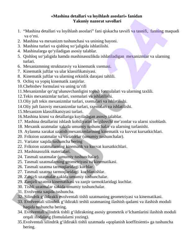 Mashina Detallari Va Loyihlash Asoslari Savollari