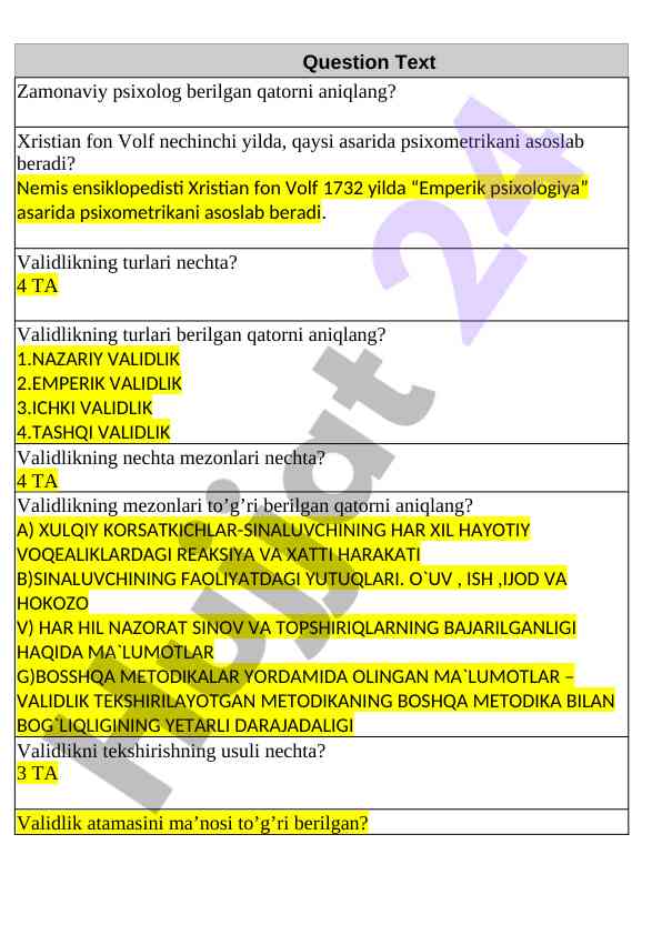 Psixologiyada validlik turlari va mezonlari