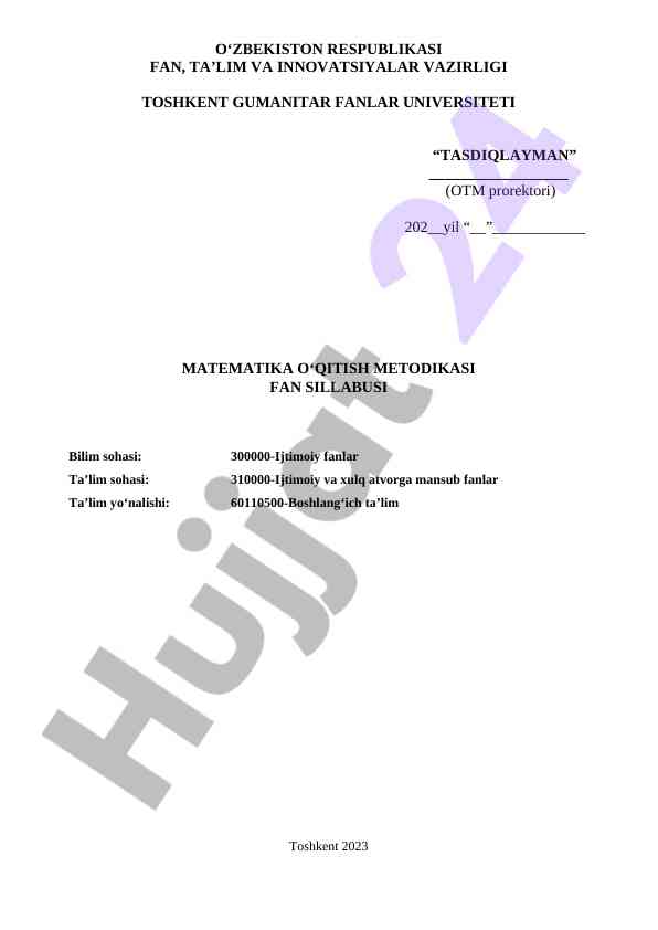 Matematika o‘qitish metodikasi fan sillabusi