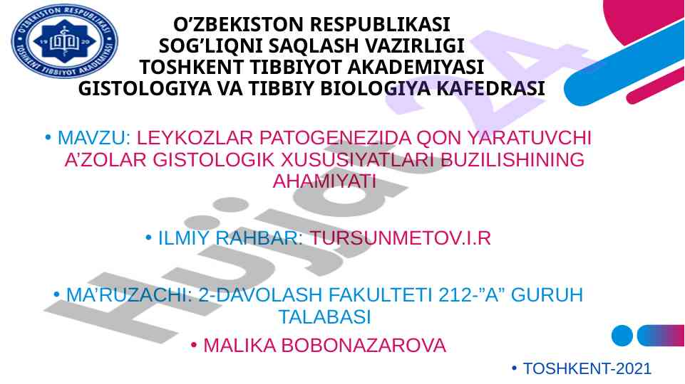 Leykozlar patogenezi va qon yaratuvchi a'zolar