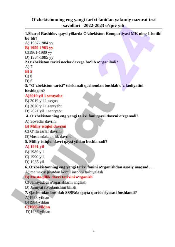 O‘zbekistonning eng yangi tarixi test savollari 2022-2023