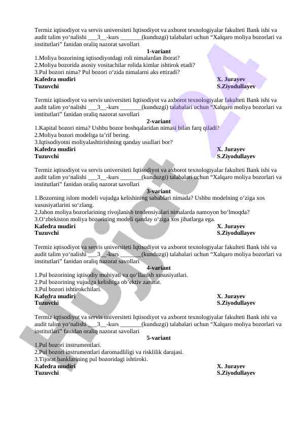 Xalqaro moliya bozorlari va institutlari savollari