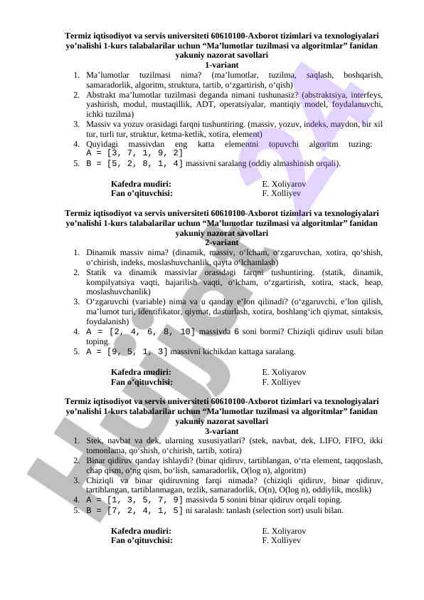 Ma’lumotlar tuzilmasi va algoritmlar yakuniy nazorat