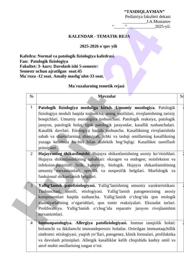Patologik fiziologiya kursi tematik rejasi 2025-2026