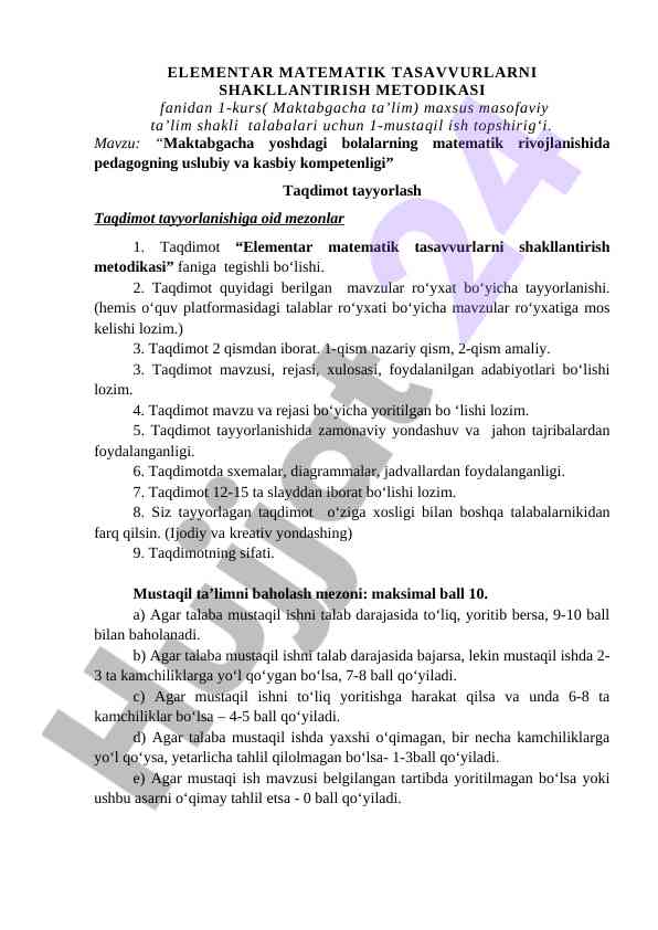 Elementar matematik tasavvurlarni shakllantirish metodikasi
