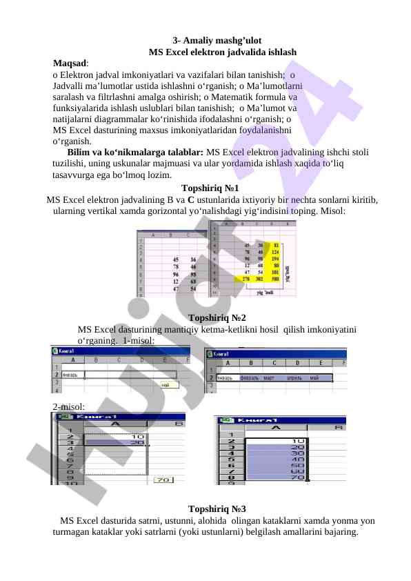 Ms excel elektron jadvalida amaliy mashg‘ulotlar