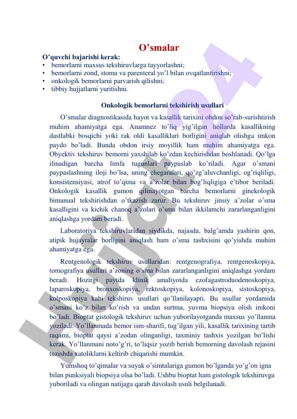 Onkologik bemorlarni tekshirish usullari