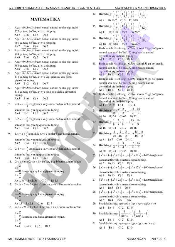 Matematika va informatika testlari muhandislik