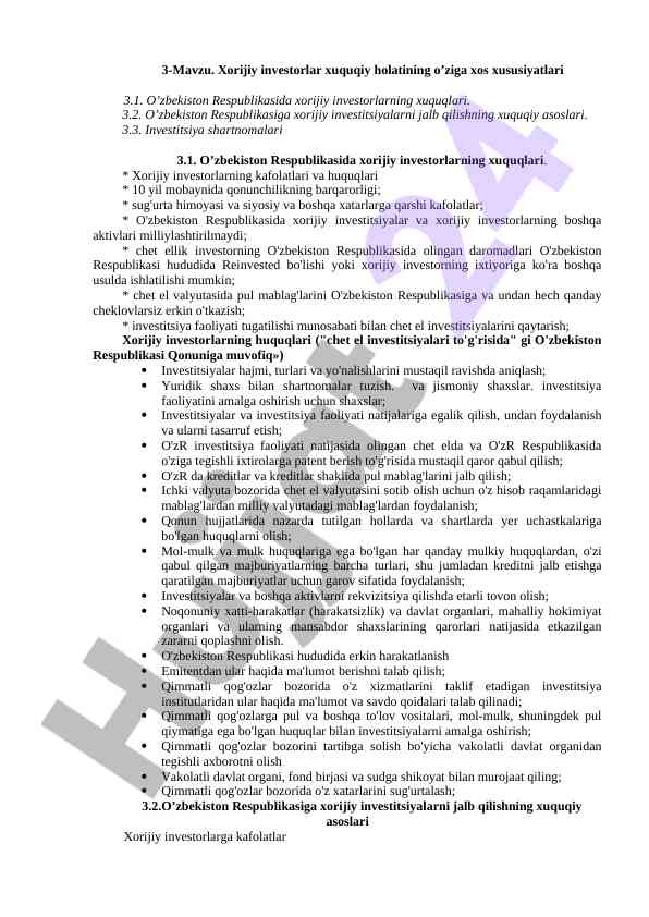 Xorijiy investorlar huquqiy holati va o'zbekistondagi asoslari