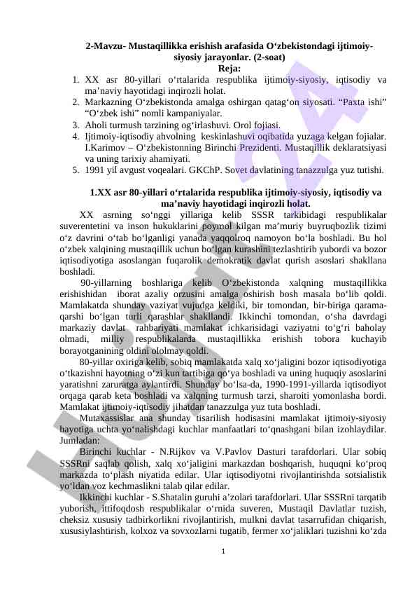Mustaqil o‘zbekistondagi ijtimoiy-siyosiy jarayonlar