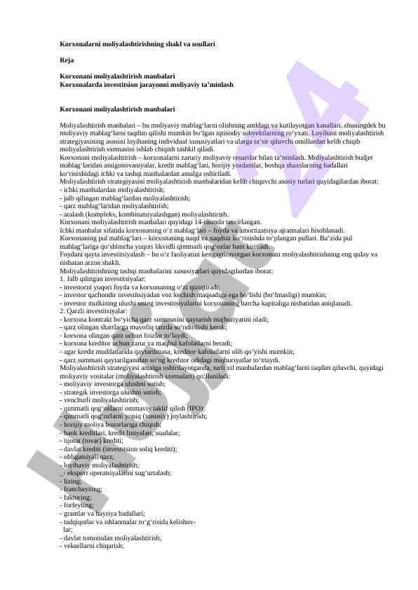 Korxonalarni moliyalashtirish usullari va shakllari