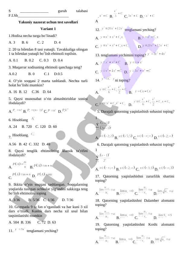 Yakuniy nazorat uchun test savollari variant 1