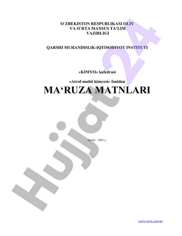 Atrof-muhit kimyosi fanidan ma'ruza matnlari
