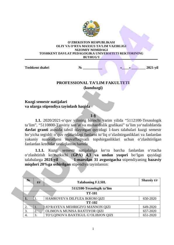 Kuzgi semestr natijalari va stipendiya tayinlash