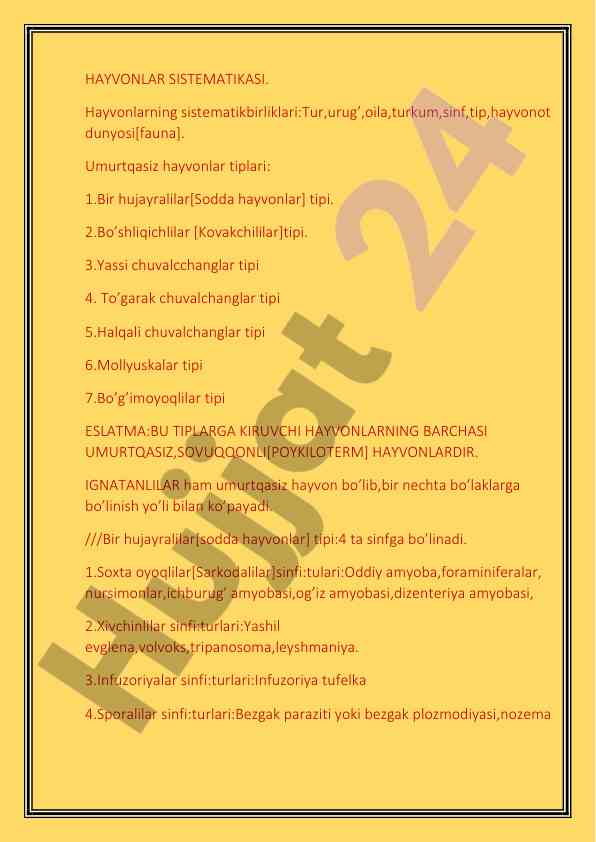 Hayvonlar sistematikasi va umurtqasiz hayvonlar tiplari