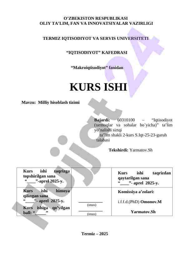 Milliy hisoblash tizimi bo'yicha kurs ishining mavzusi