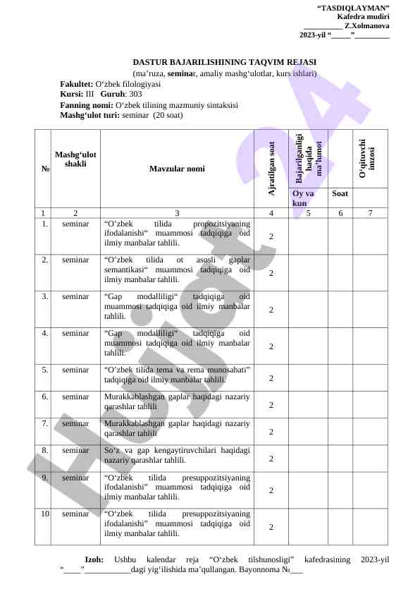 O‘zbek tilining mazmuniy sintaksisi bo‘yicha seminar rejasi