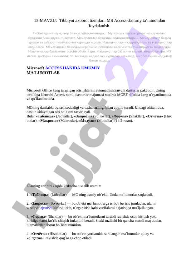Tibbiyot axborot tizimlari ms access dasturida