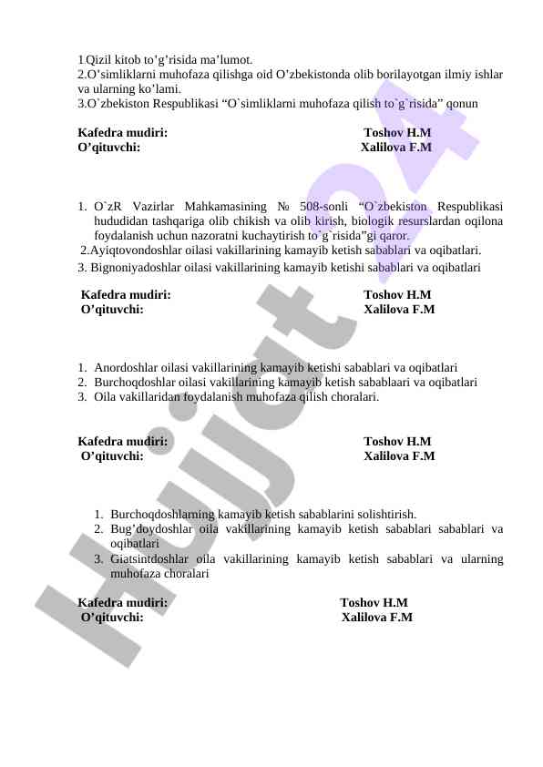 O‘zbekiston o‘simiqlari muhoﬁzasi haqida ma’lumotlar
