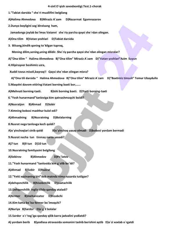 4-sinf o‘qish savodxonligi test