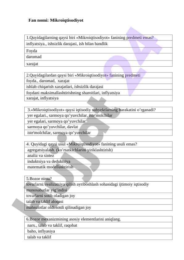 Mikroiqtisodiyot fanidan test savollari