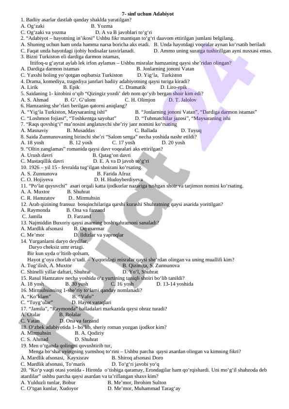7-sinf adabiyot test savollari