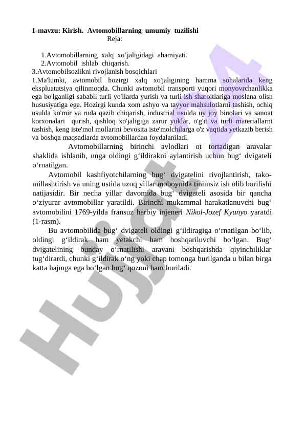 Avtomobillarning umumiy tuzilishi haqida ma'lumotlar