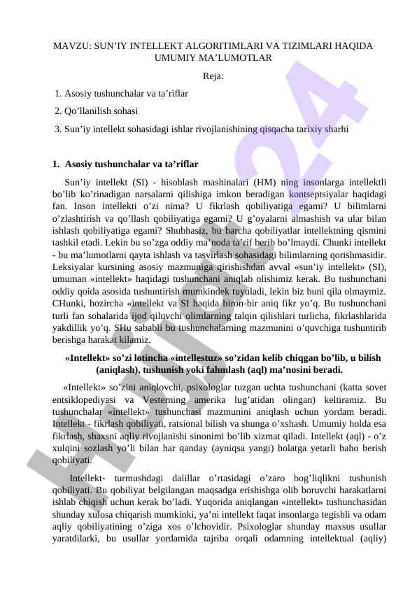 Sun’iy intellekt algoritmlari va tizimlari haqida umumiy ma’lumotlar