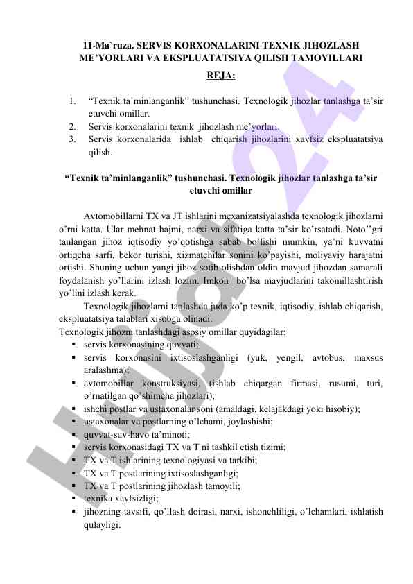 Servis korxonalarini texnik jihozlash me’yorlari
