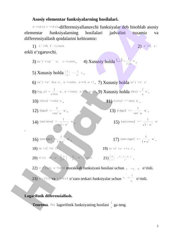 Asosiy elementar funksiyalar va ularning hosilalari