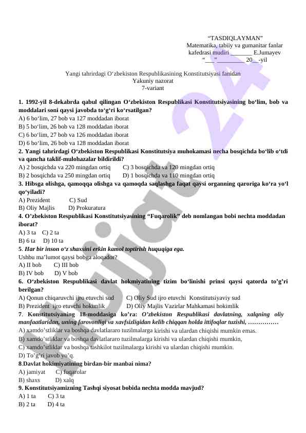 O‘zbekiston respublikasining konstitutsiyasi test varianti