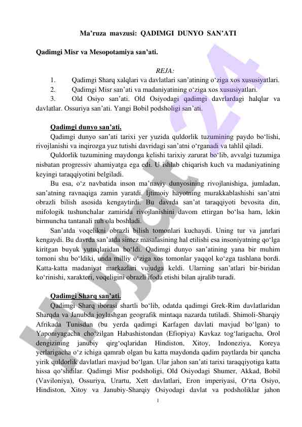 Qadimgi dunyo san'ati: misr va mesopotamiya