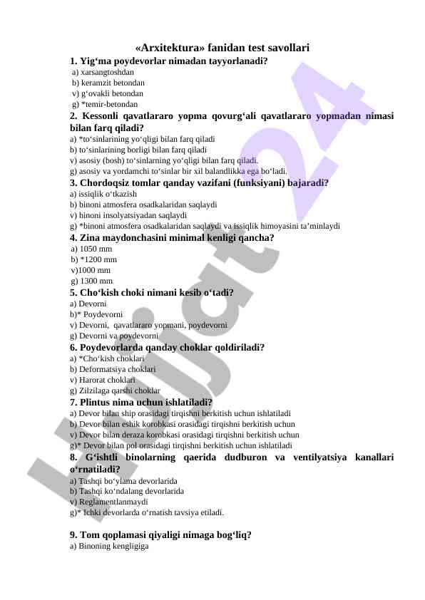 Arxitektura fani test savollari