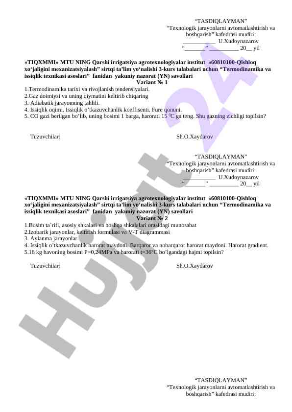 Termodinamika va issiqlik texnikasi asoslari savollari