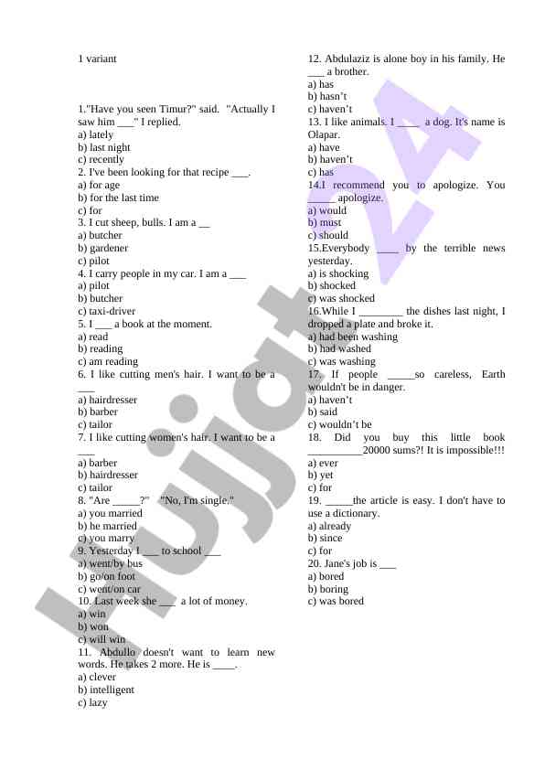 English language practice test on professions and actions