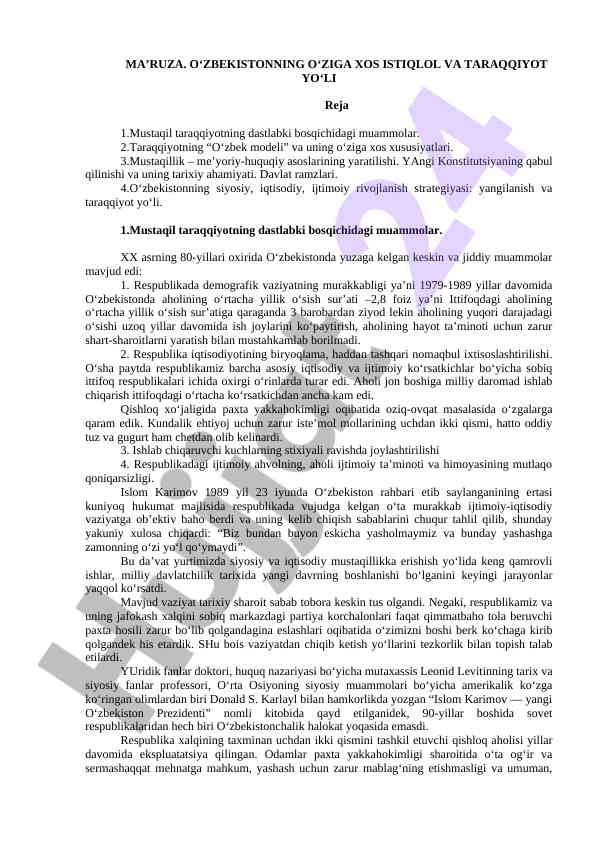 O‘zbekistonning mustaqil taraqqiyoti va muammolari